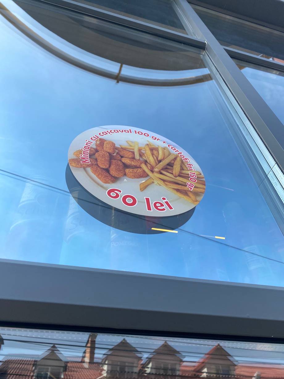 Fast food restaurant sign with chicken and fries, 60 lei price point