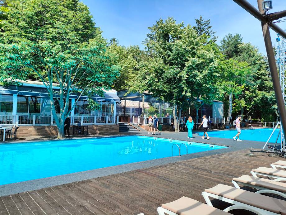 Outdoor pool terrace with loungers, deck, and shaded seating areas surrounded by trees