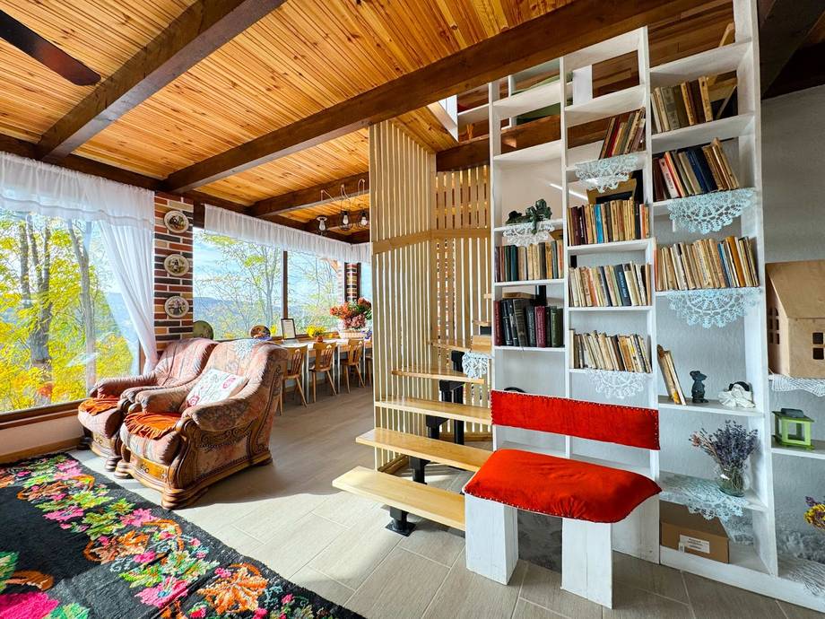 Modern cafe interior with wooden ceiling, bookshelves, and colorful seating area