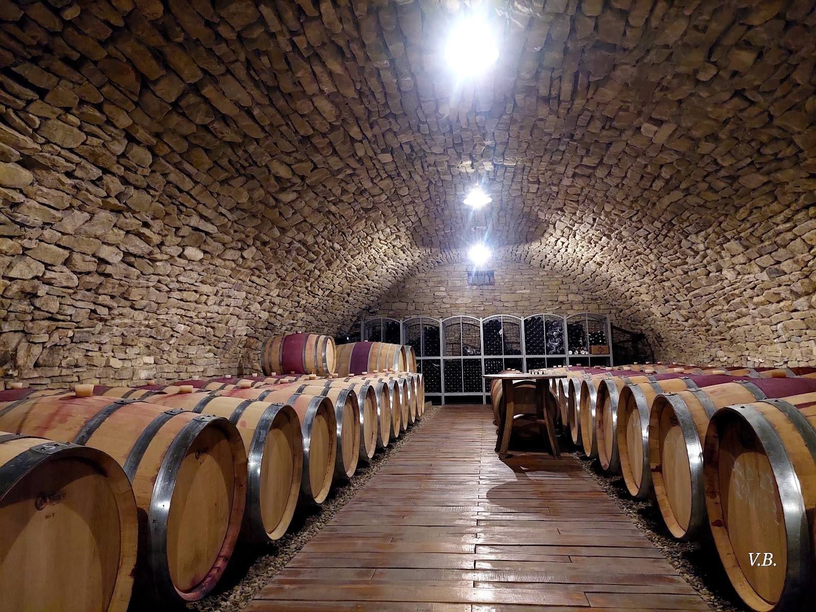 Wine cellar with barrel rows and arched stone vault ceiling with skylights