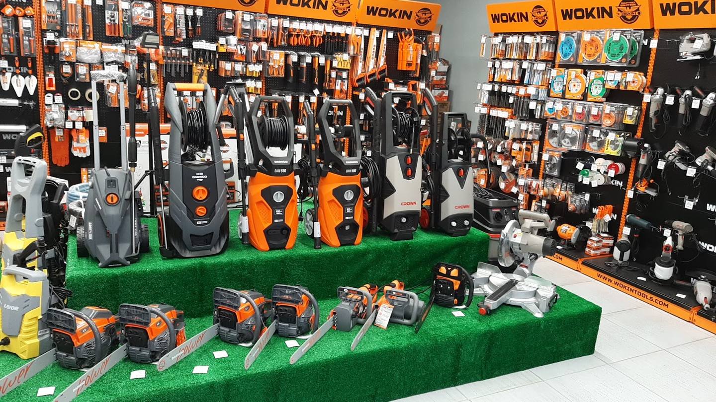Hardware and power tools retail showroom with WORKIN branded products on display