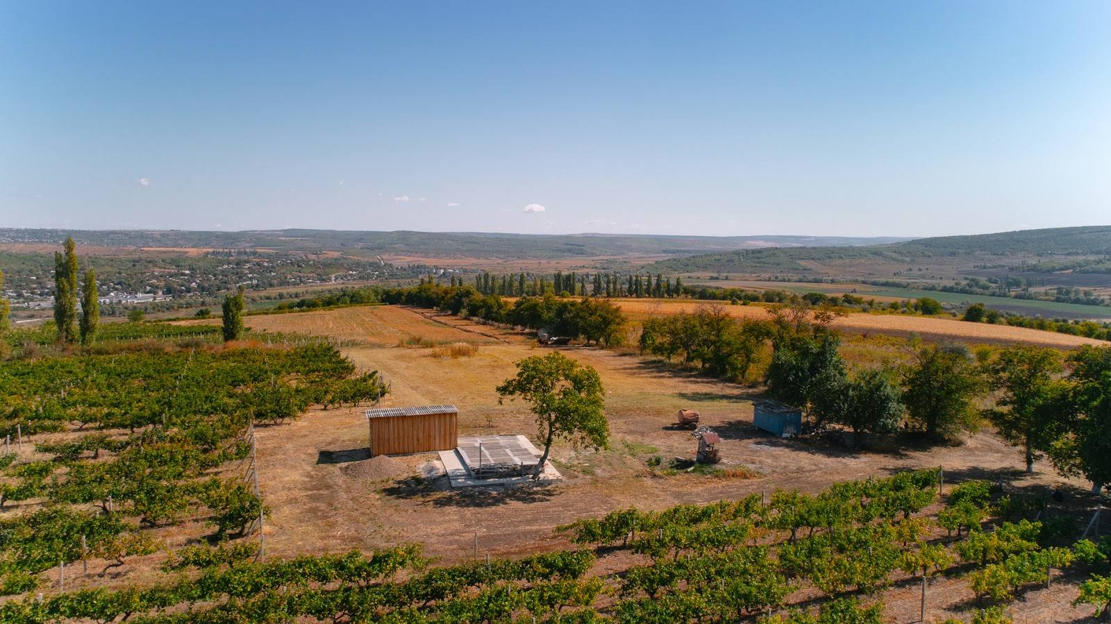 Aerial view of vineyard estate with rows of vines, winery building, and rolling hills of Moldova's wine region