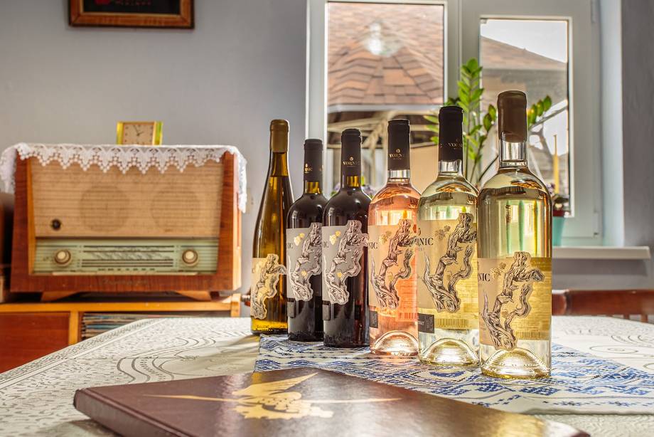 Collection of Moldovan wines and vintage radio in tasting room