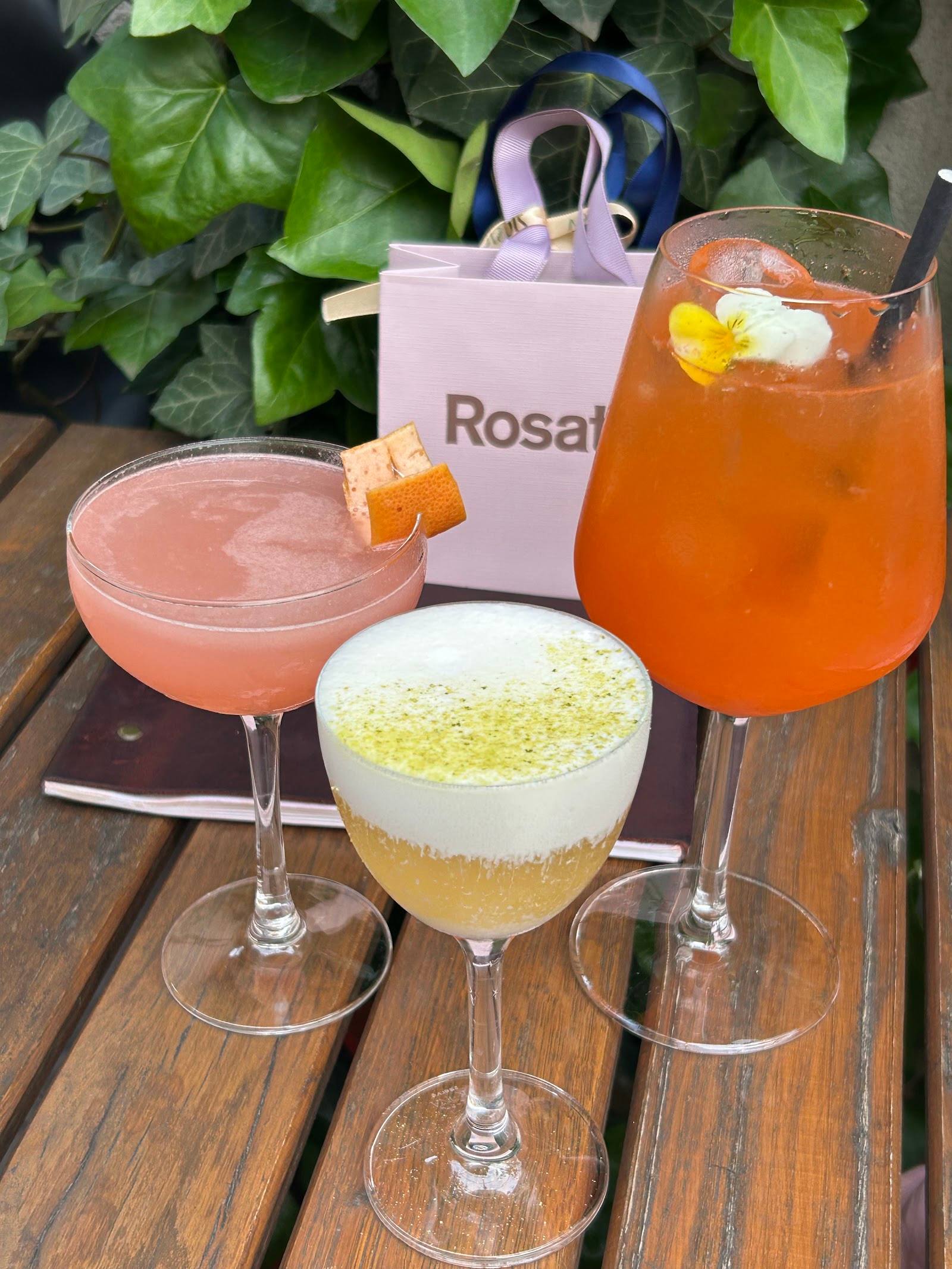 Three craft cocktails with fresh citrus and botanical garnishes at Rosati bar