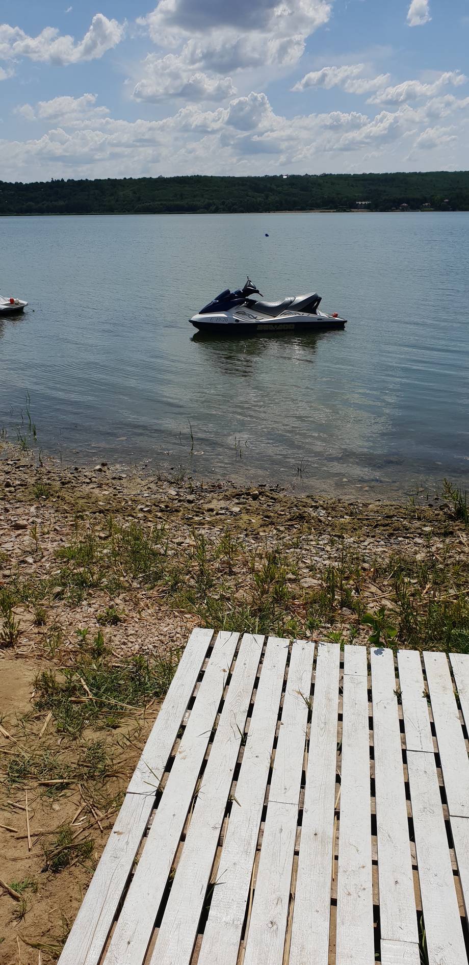 Lake beach with wooden dock, jet ski, and forested shoreline