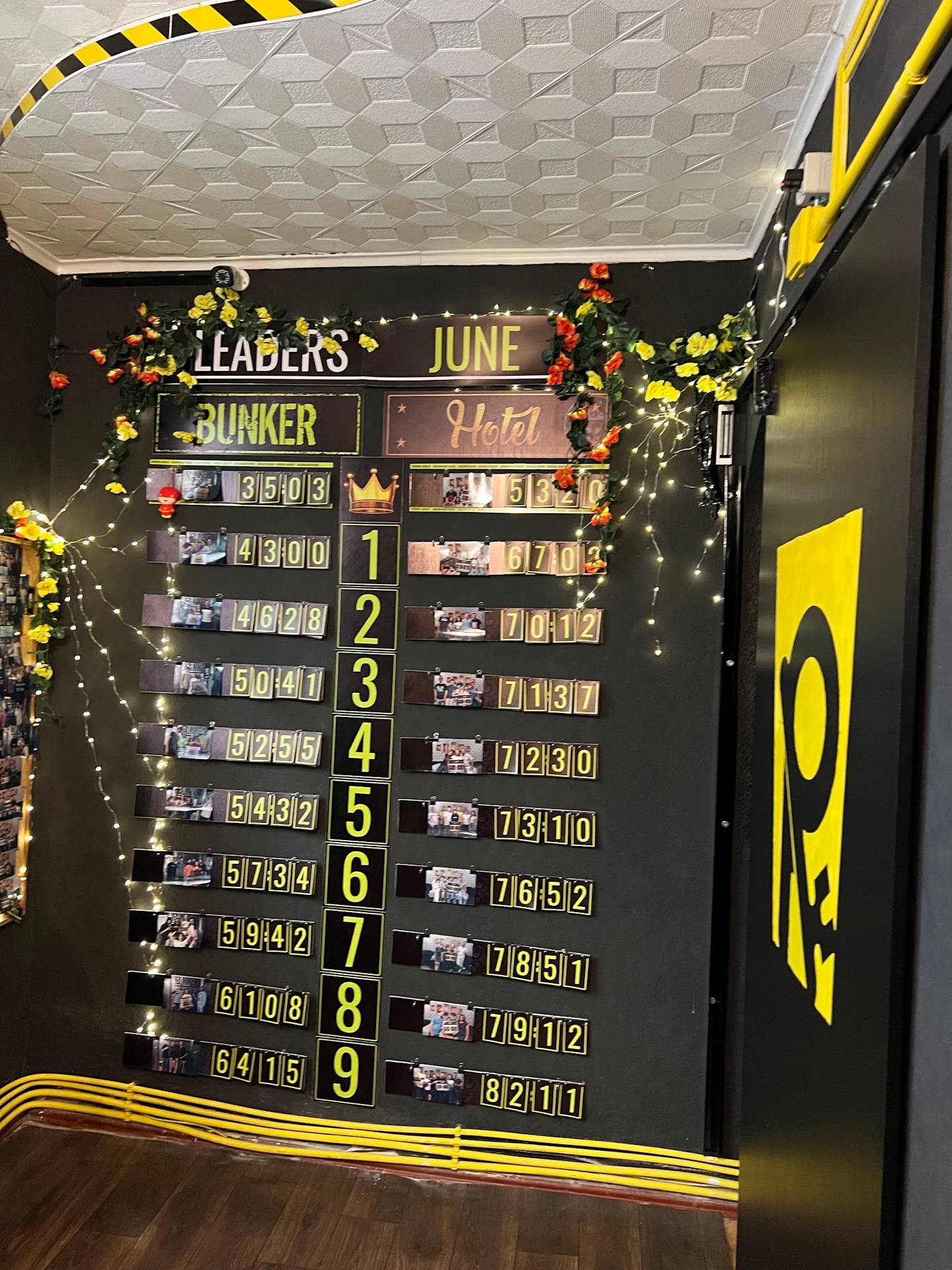 Karting race leaderboard display with rankings and lap times in neon-lit gaming venue