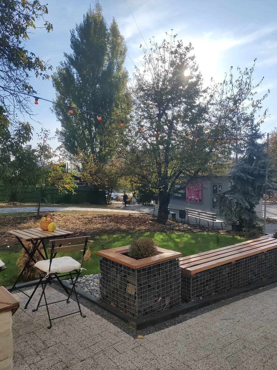 Outdoor seating terrace with trees and raised planter boxes overlooking a public park