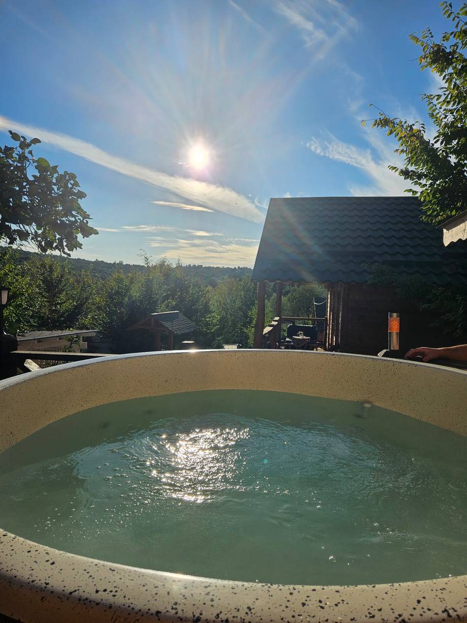 Outdoor thermal bath with forest and mountain views