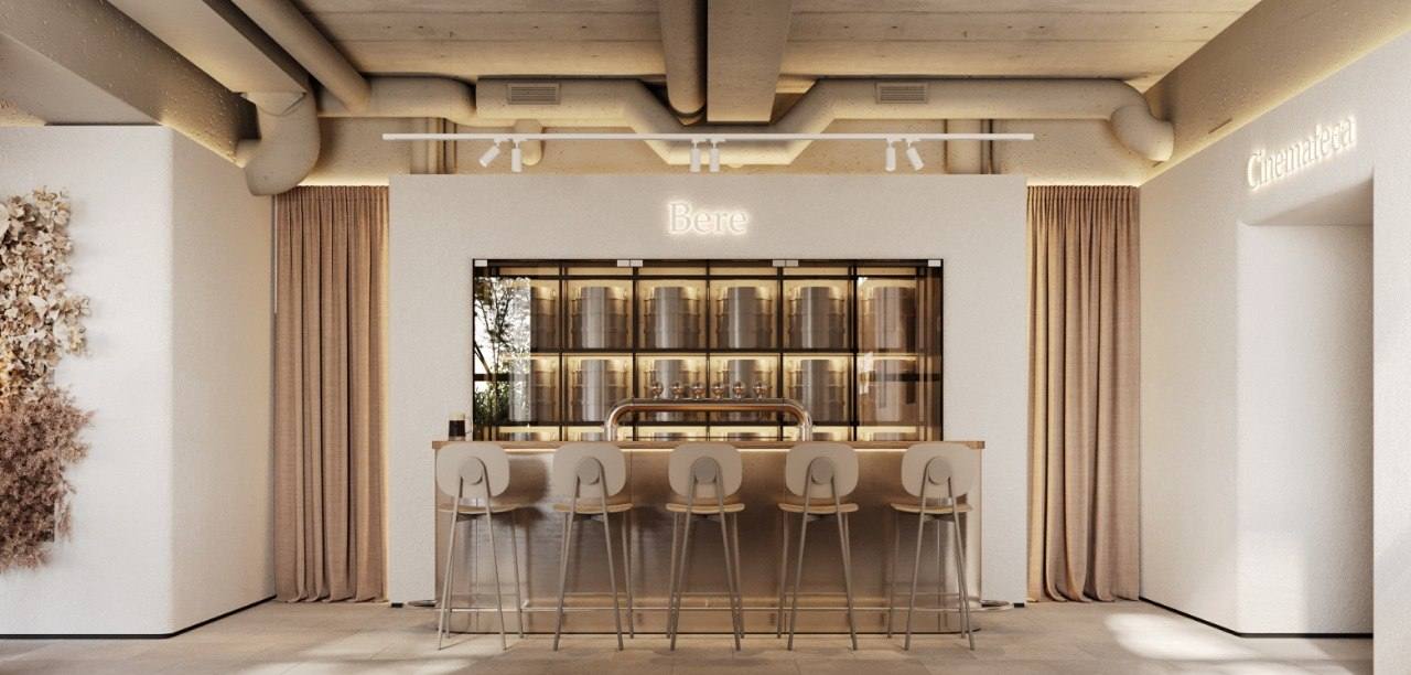 Modern wine bar interior with illuminated display shelving and seating at counter