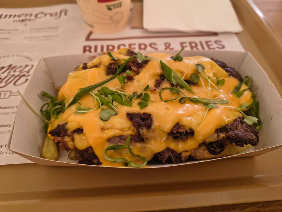 Loaded cheese and bacon nacho fries with fresh garnish
