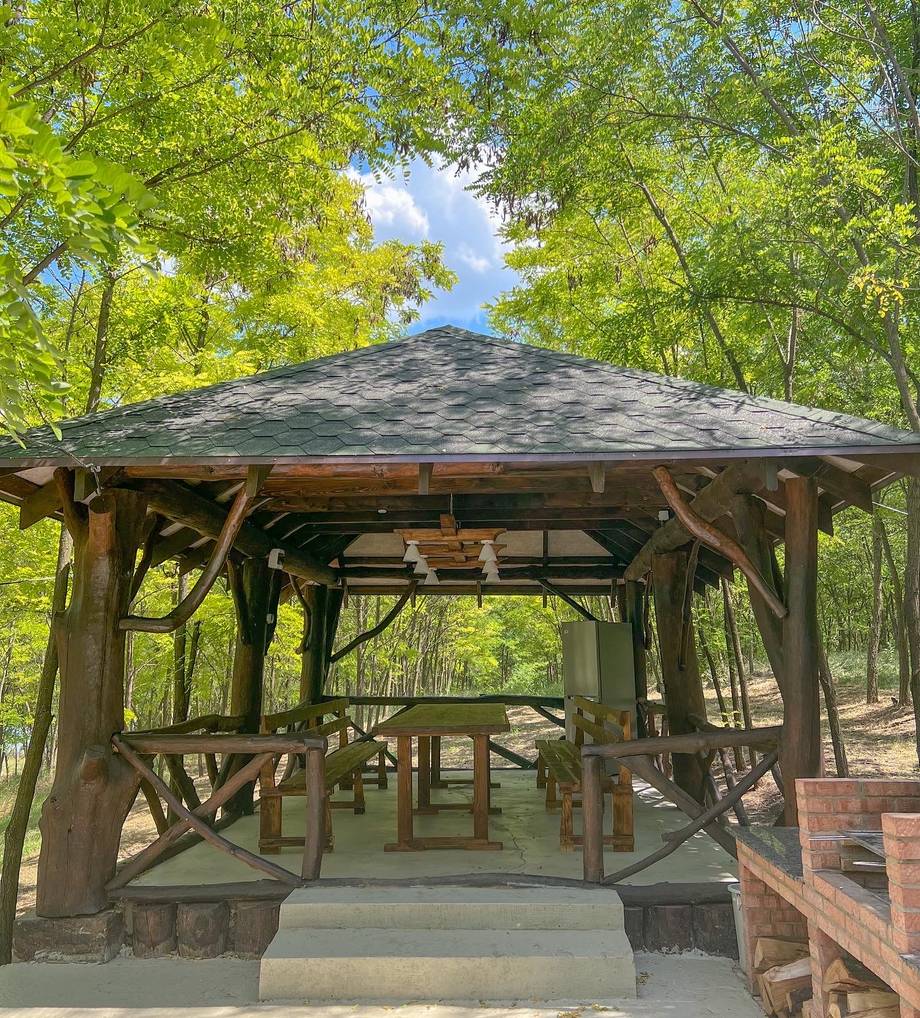 Rustic wooden gazebo with stone base surrounded by mature green trees