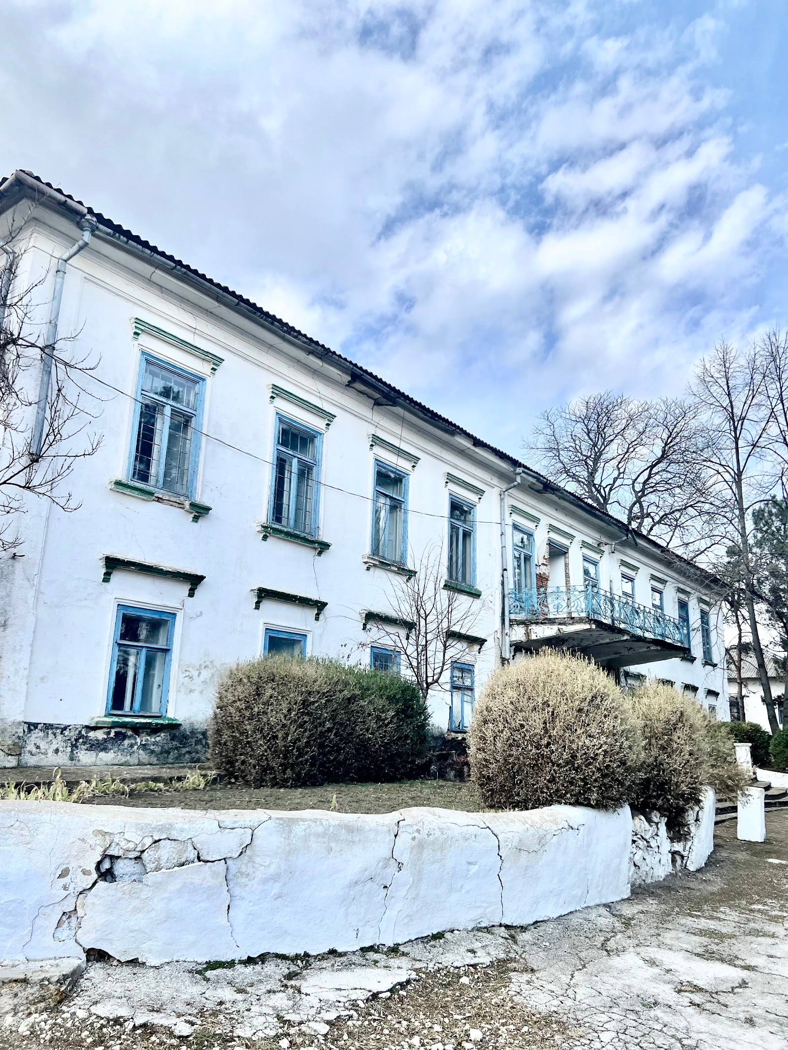Classical white-stone manor building with blue-shuttered windows, characteristic Eastern European architecture