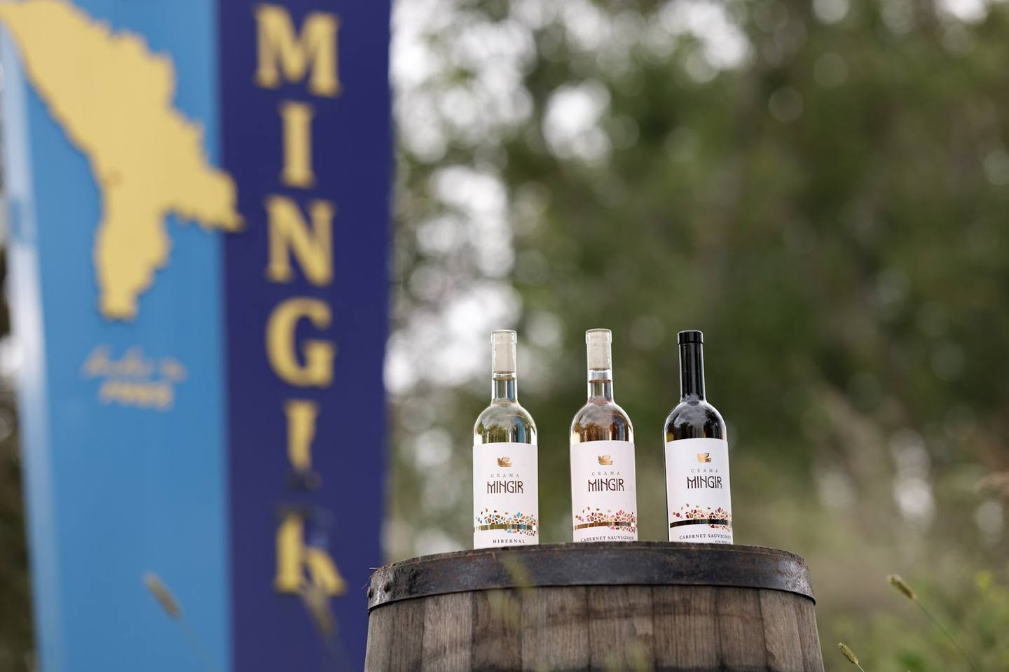 Three wine bottles displayed on barrel with vineyard signage in background