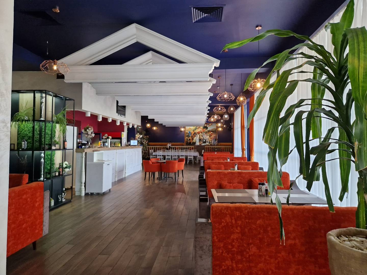 Modern cafe interior with distinctive white architectural feature, red seating, and bright botanical accents