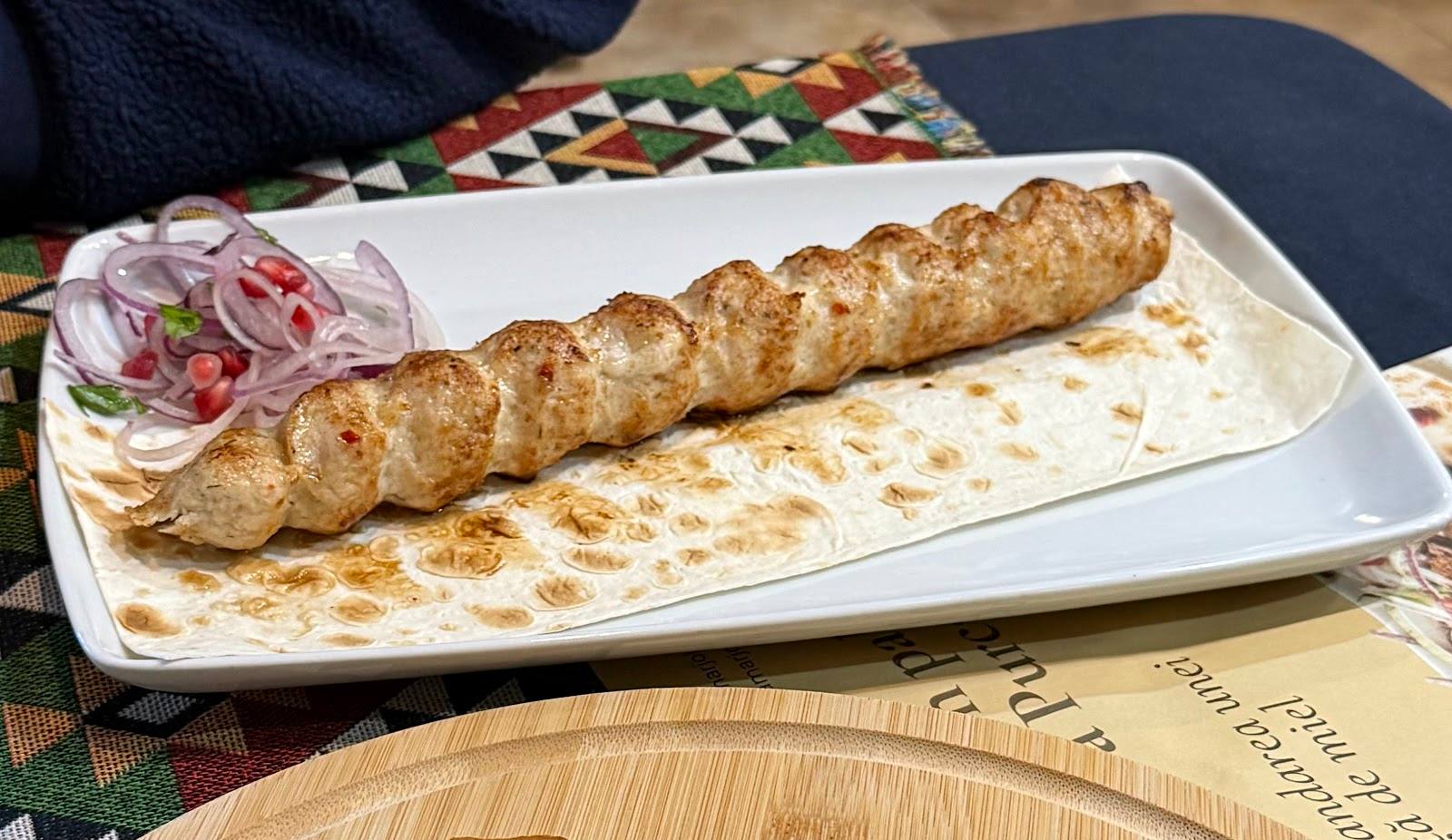 Grilled meat kebab with pita and onion garnish on white plate