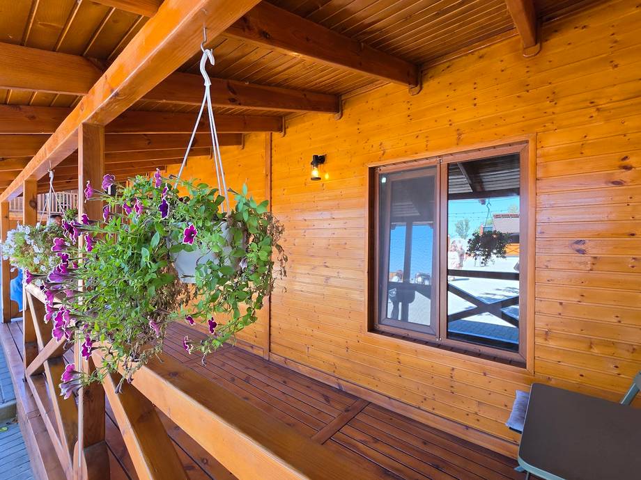 Rustic wooden terrace with hanging flowers and mountain views