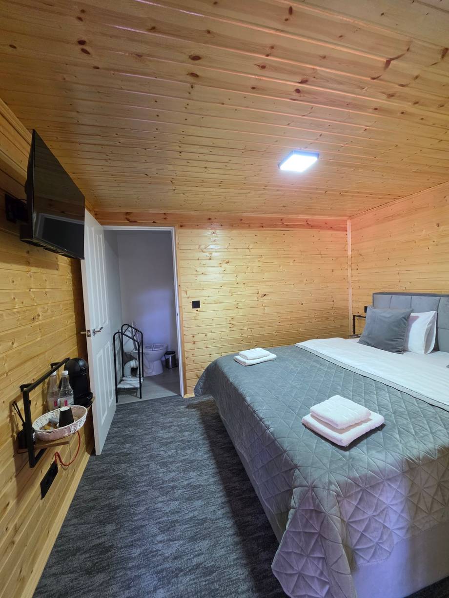 Cozy wooden cabin bedroom with twin beds and wood-paneled ceiling
