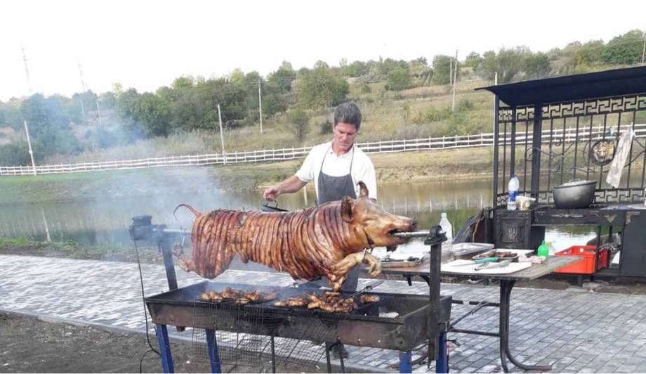 Chef grilling whole animal over open fire at outdoor event venue