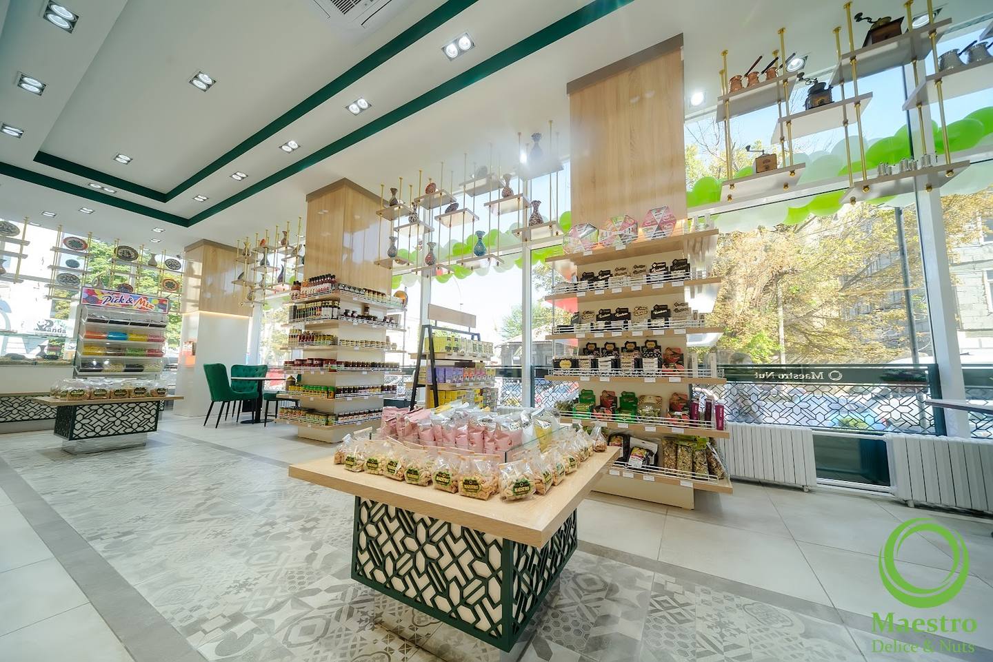 Bright, modern cosmetics and beauty products retail store with wooden shelving and natural light