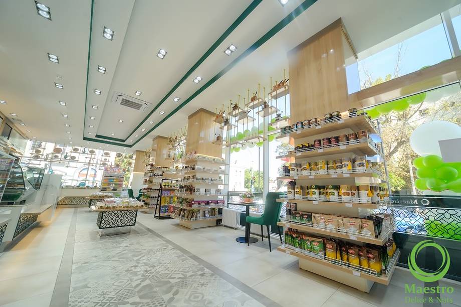 Modern cosmetics or beauty shop with wooden shelving and bright natural lighting