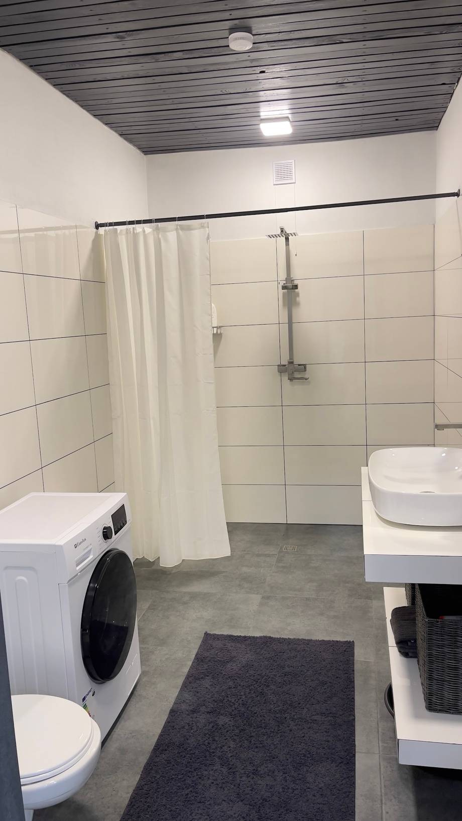Bathroom with shower, toilet, sink and washing machine