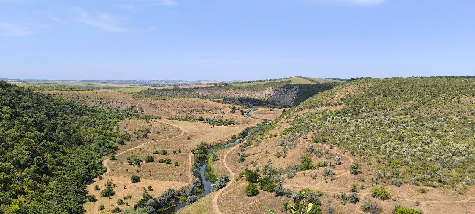 Panoramic aerial view of Moldovan landscape with winding river valley and forested hills