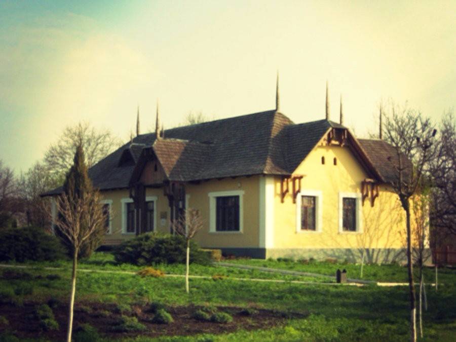 Historic monastery building with distinctive spires and yellow facade in rural setting