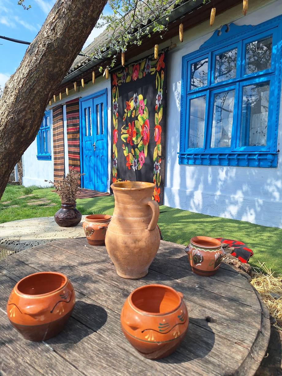 Rustic courtyard with blue-shuttered building, clay pottery, and flowering vines under ancient tree