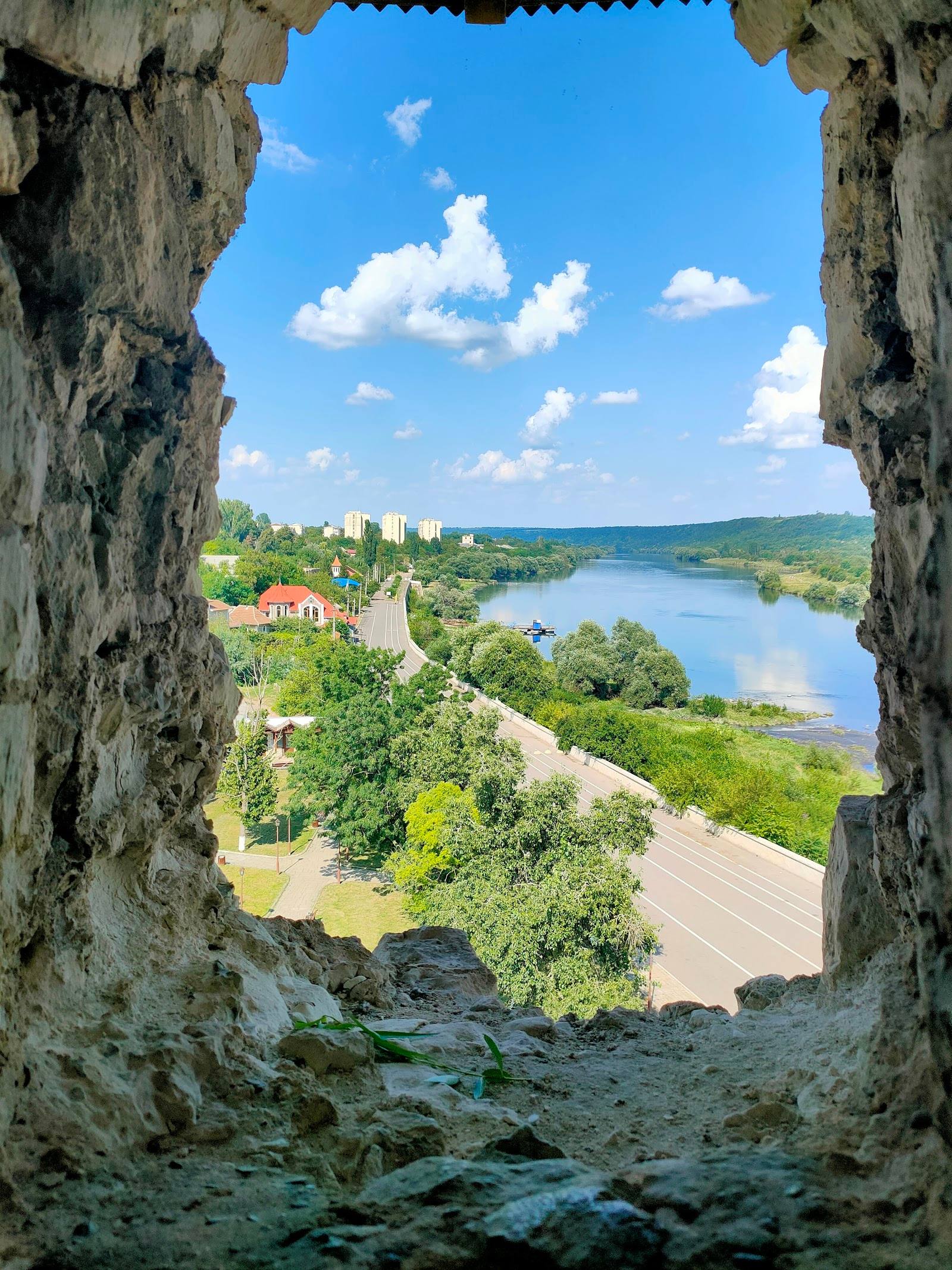 View of river valley and fortification from stone window opening