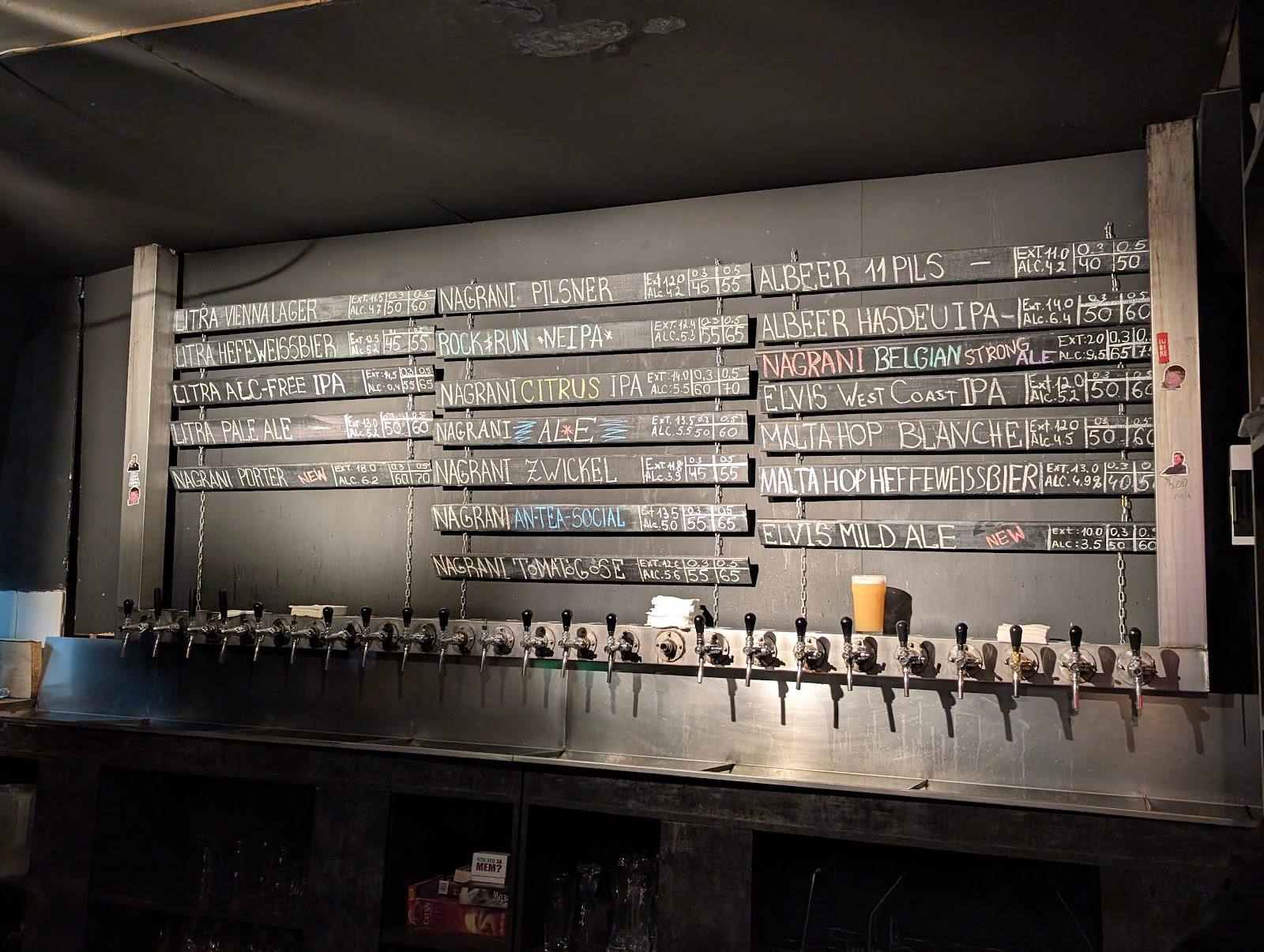 Craft beverage menu board with numbered taps and selection labels