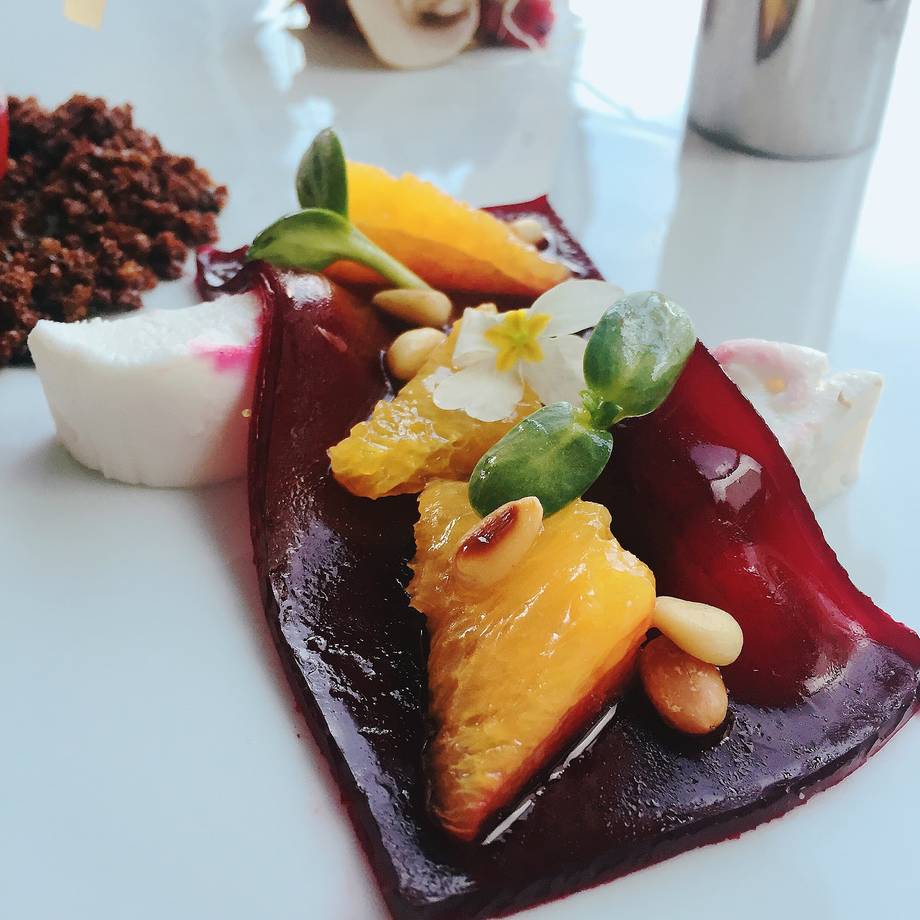 Artfully plated beet and root vegetable dish with herb garnish on white plate