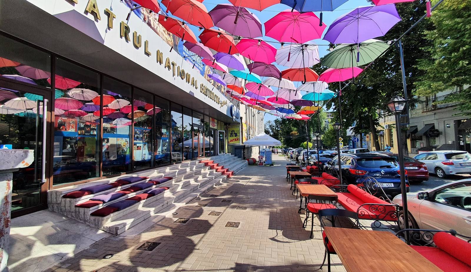 Vibrant outdoor terrace with colorful umbrella canopy and street-level seating