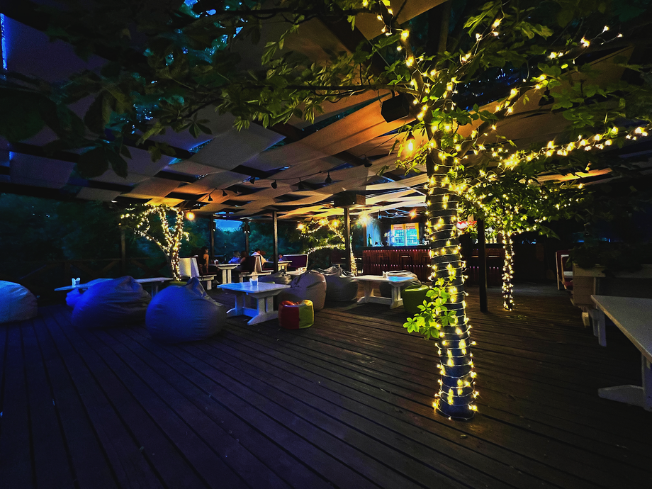 Atmospheric rooftop or terrace lounge with ambient lighting and hanging greenery
