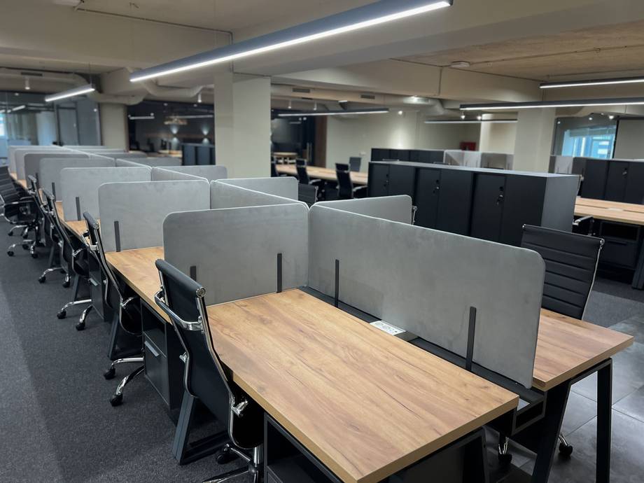 Open coworking space with wooden desks, gray privacy dividers, and professional office setup