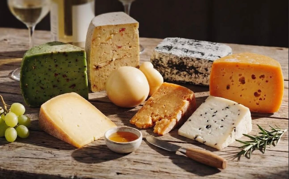 Artisanal cheese selection with crackers, grapes, and herbs on wooden board