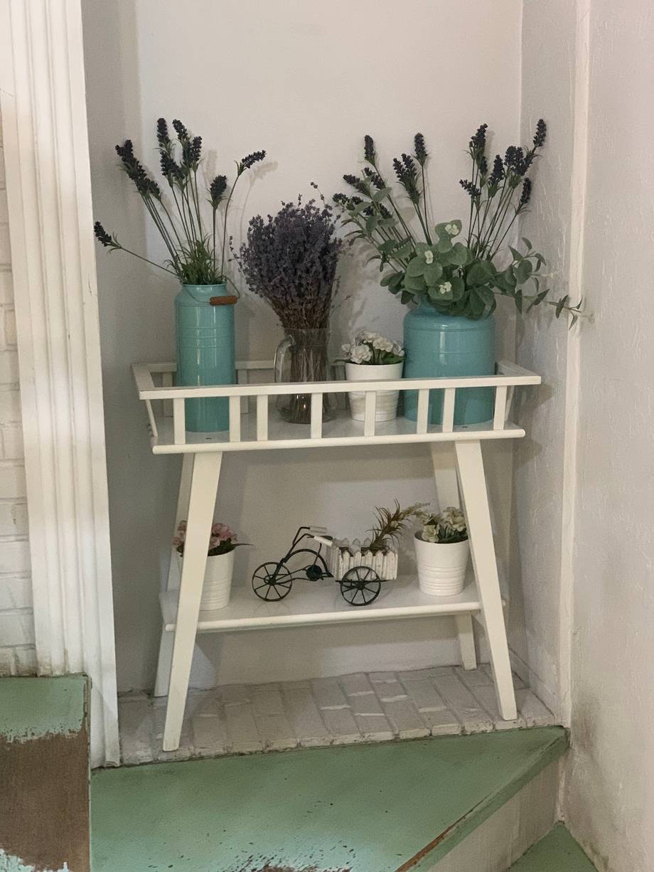 Decorative shelf display with dried flowers and small potted plants