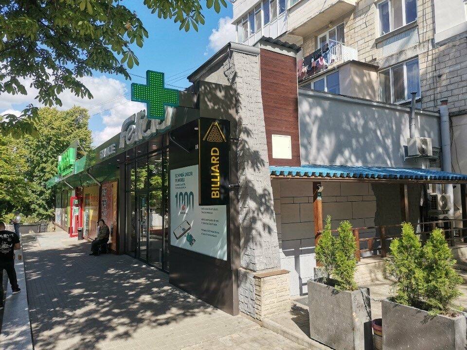 Modern storefront with green signage and contemporary facade on tree-lined street