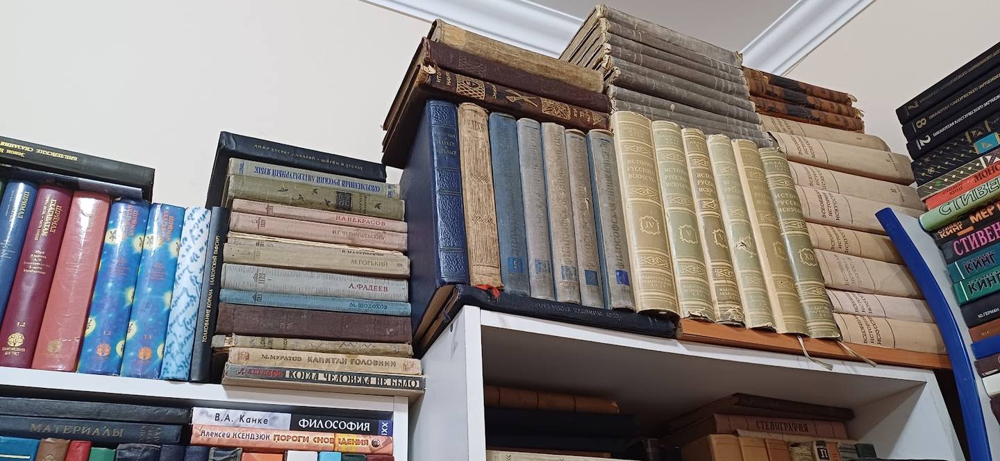 Bookshelf display with stacked volumes and literary collection