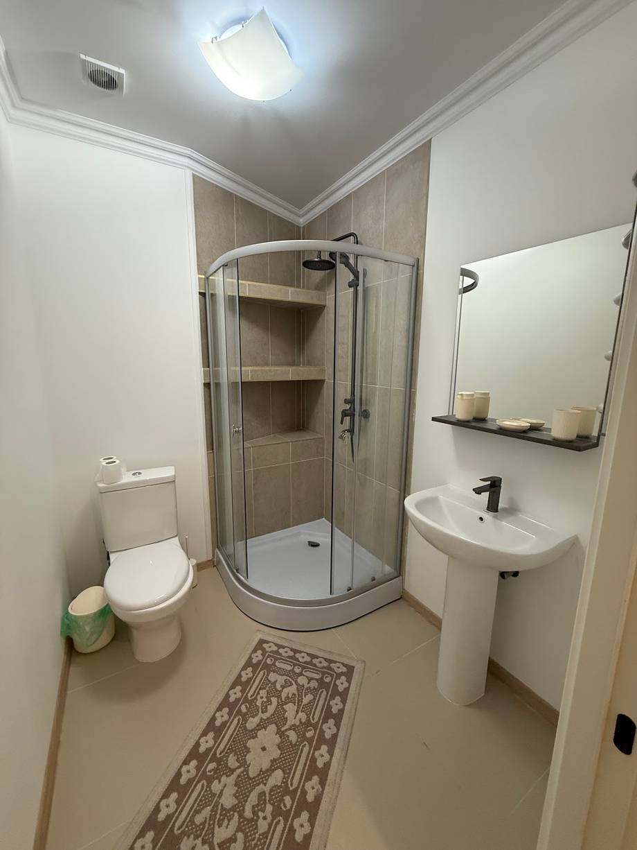 Modern bathroom with shower enclosure and pedestal sink