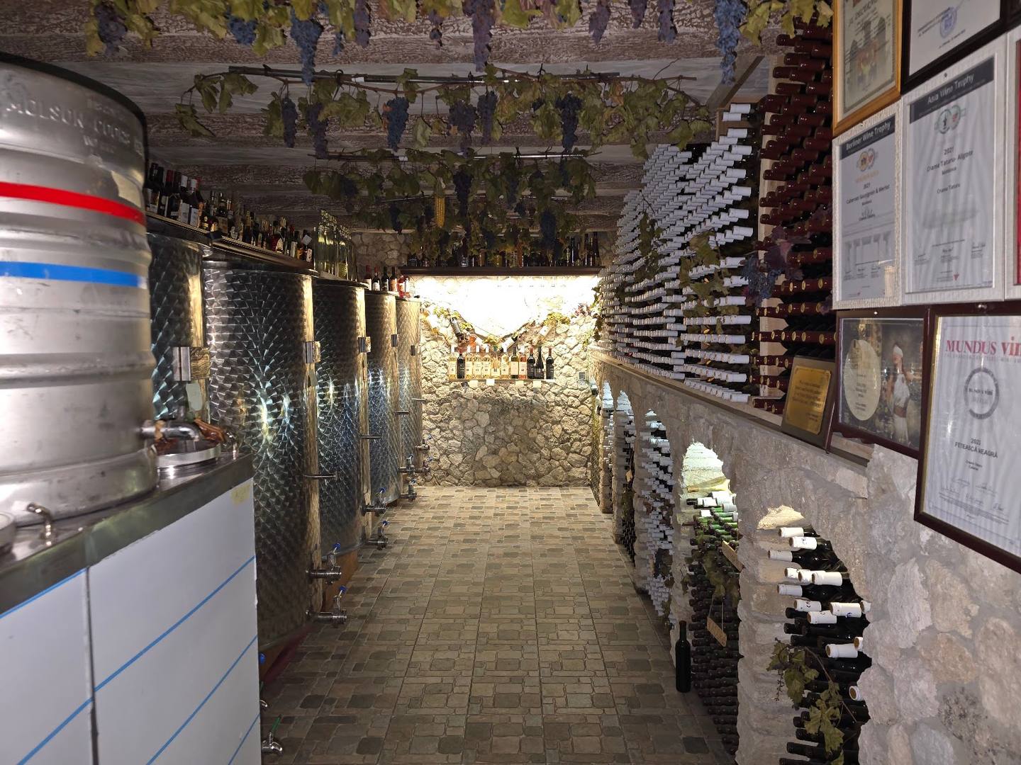 Wine cellar tunnel with barrel storage and traditional wine racks on both sides
