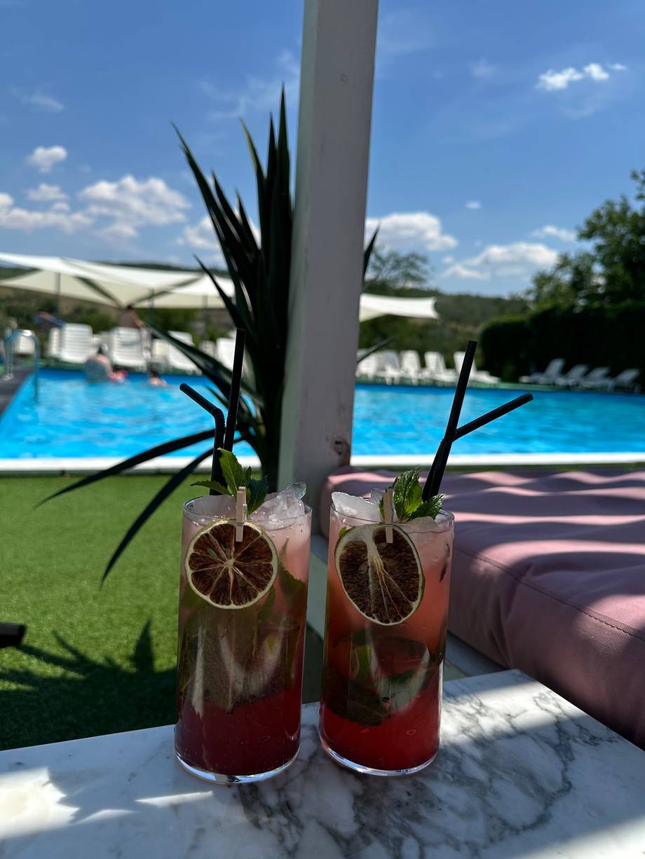 Signature cocktails poolside with fresh citrus garnish and black decorative foliage