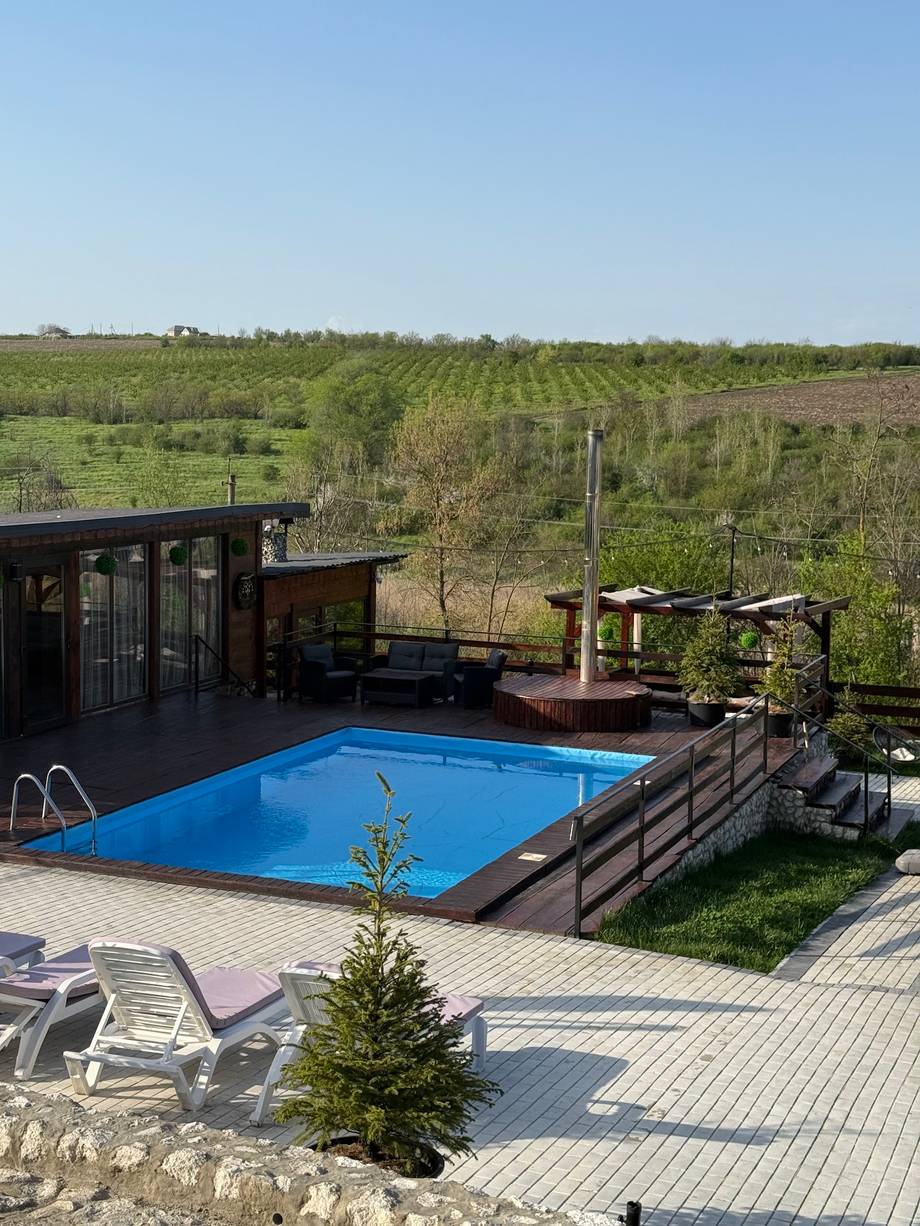 Pool and terrace overlooking vineyard landscape with modern pavilion structure