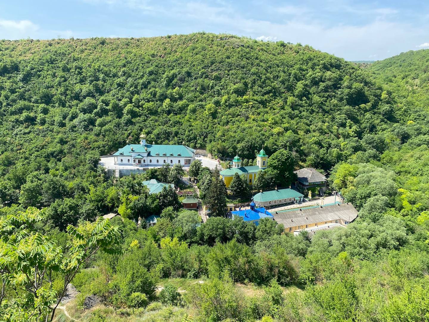 Aerial view of venue nestled in lush forested hillside with distinctive white buildings and blue pool