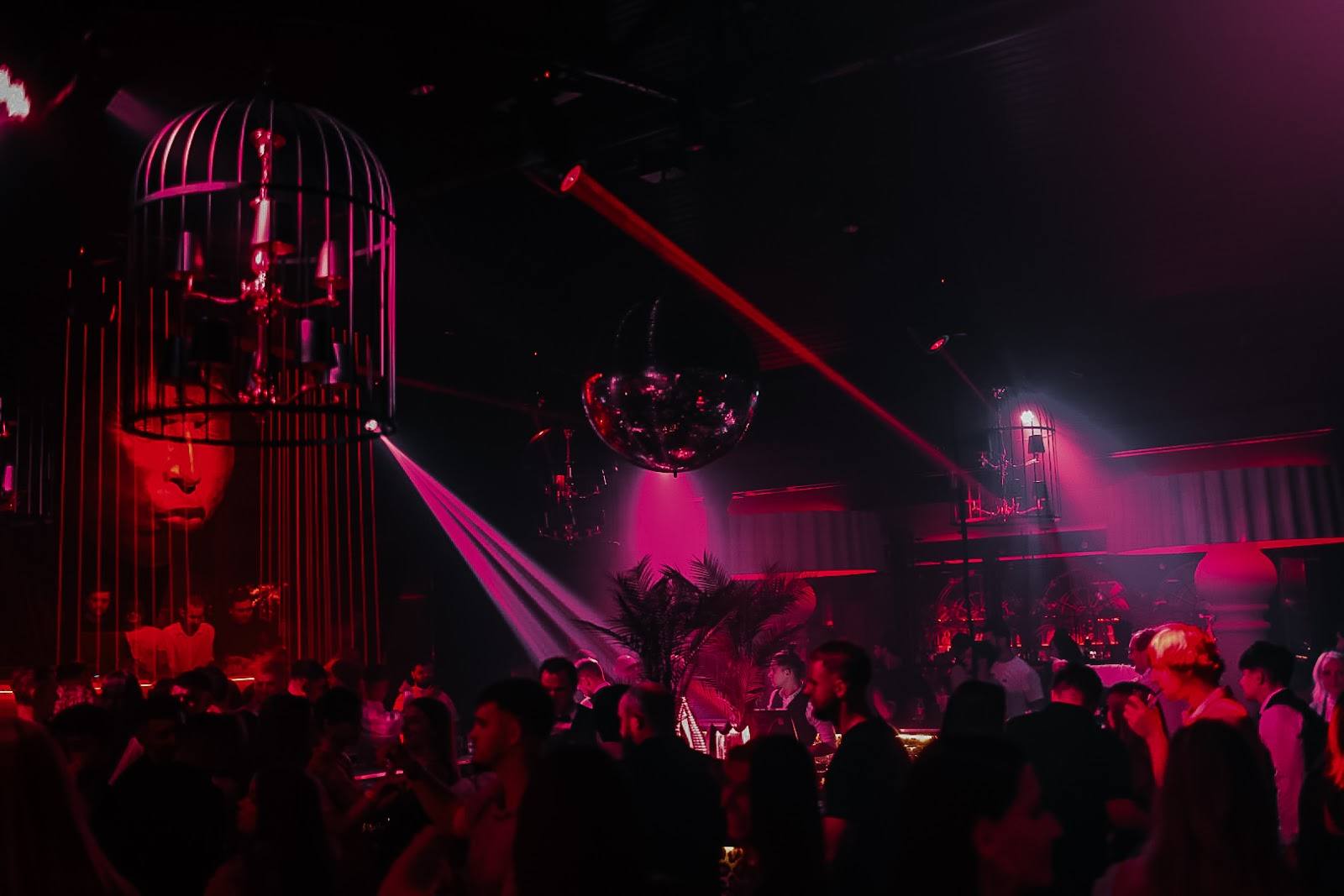 Live band performance with energetic pink and red stage lighting and crowd