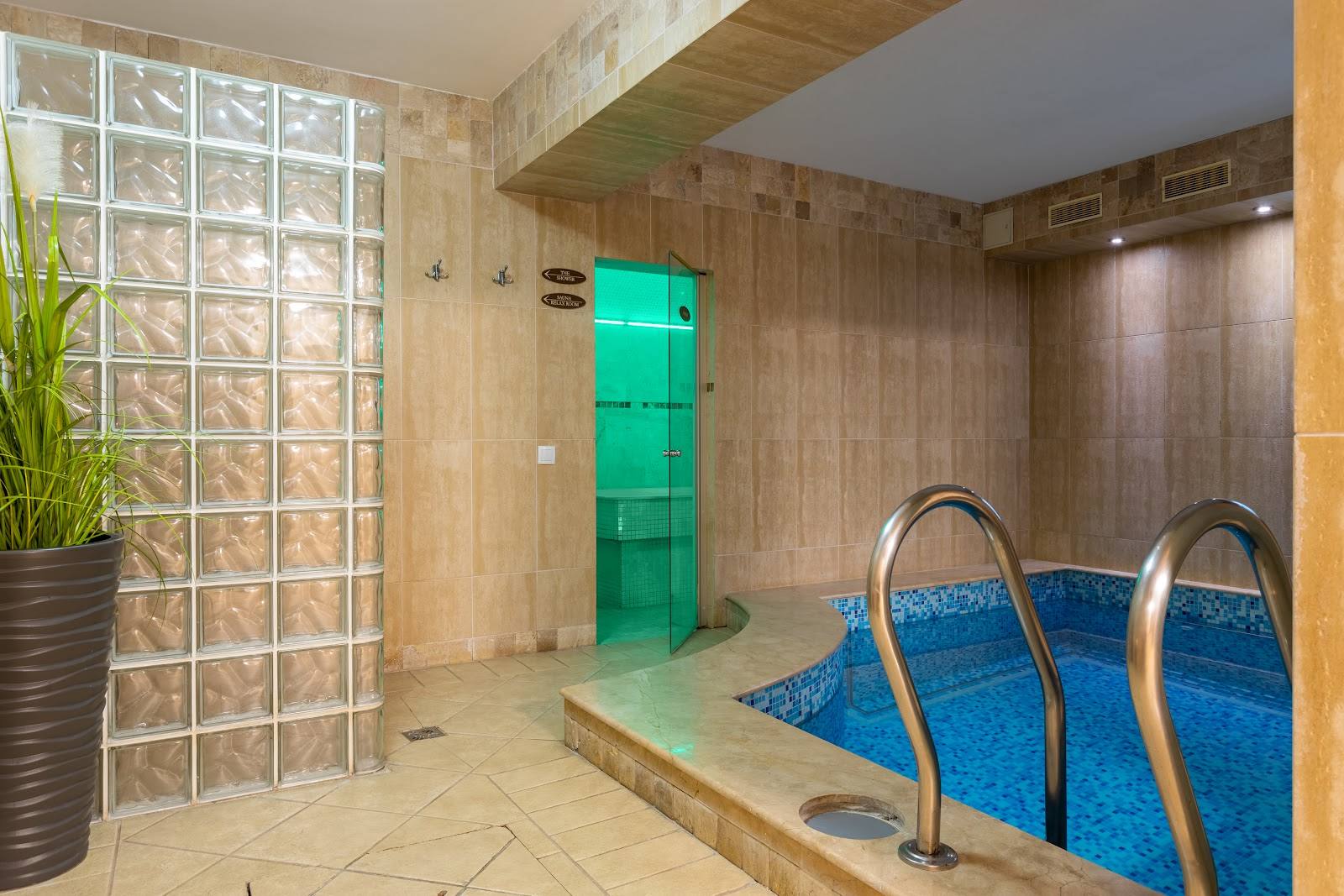Indoor spa pool with wooden accents and glass block partition