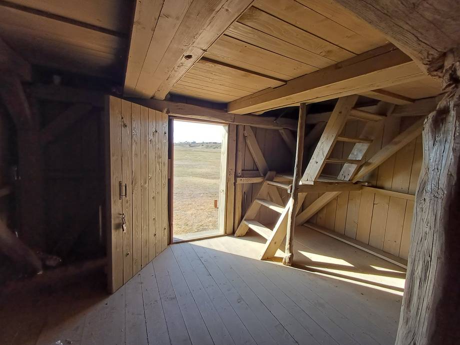 Unfinished wooden interior with open door to rural landscape