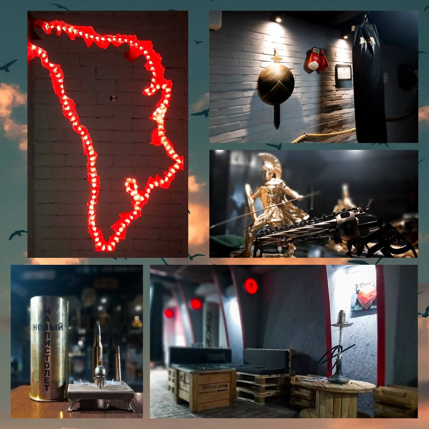 Boxing and fitness training facility interior with heavy bags and neon signage