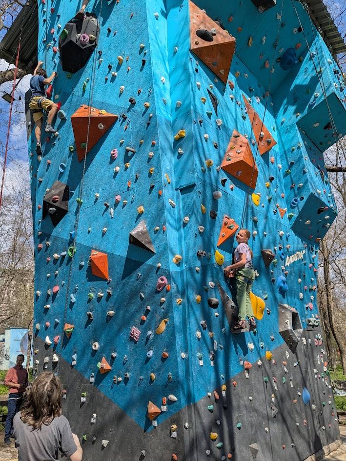 Rock climbing wall with blue face and colored holds, climbers in action
