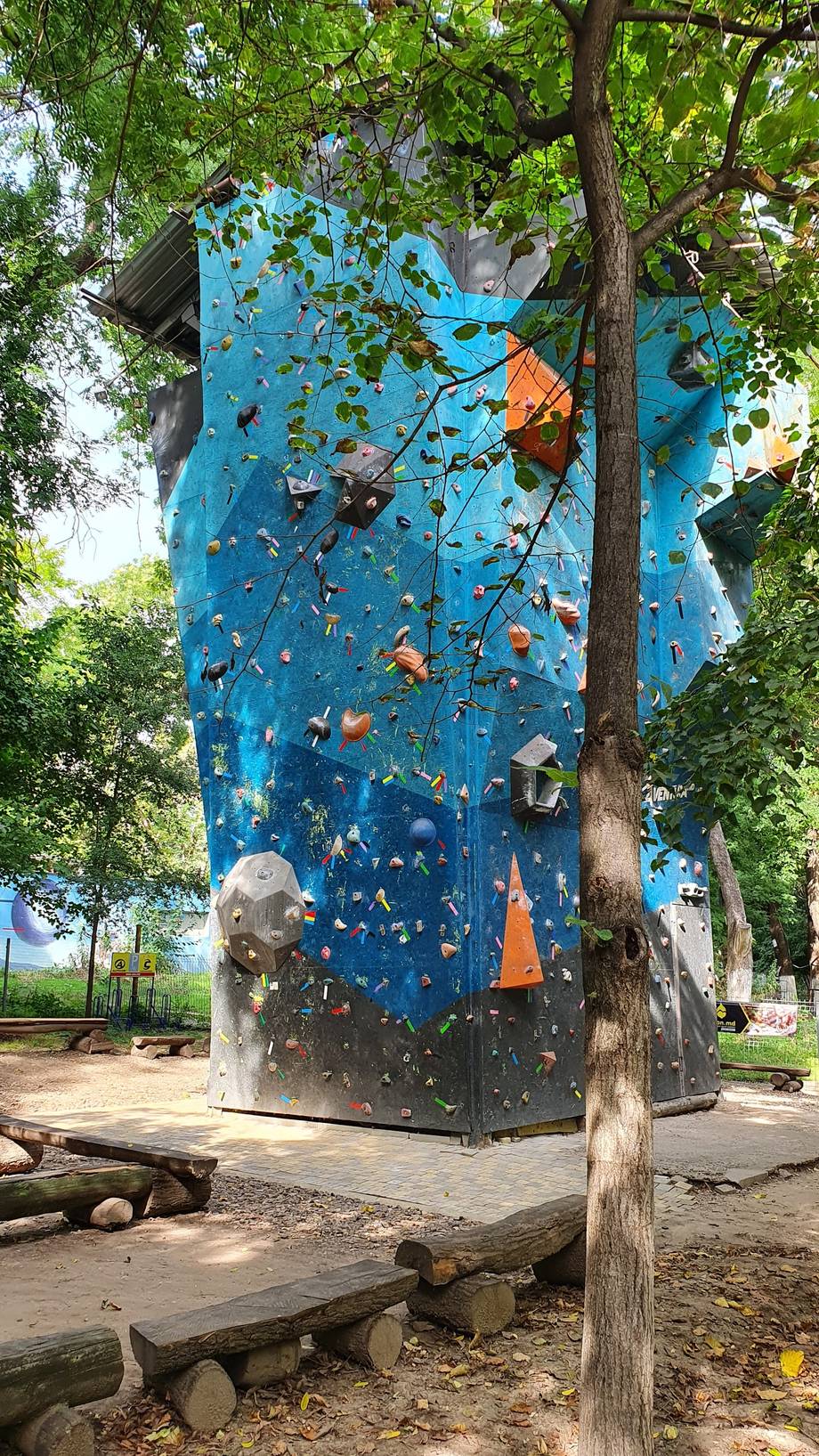 Outdoor rock climbing wall in a park setting with blue climbing face and wooden benches